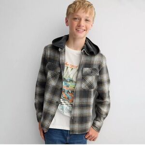 ⚽️ LEVI’S FLANNEL MULTICOLOR PLAID SHIRT WITH BURGUNDY HOOD SZ. 12-13Y🍂